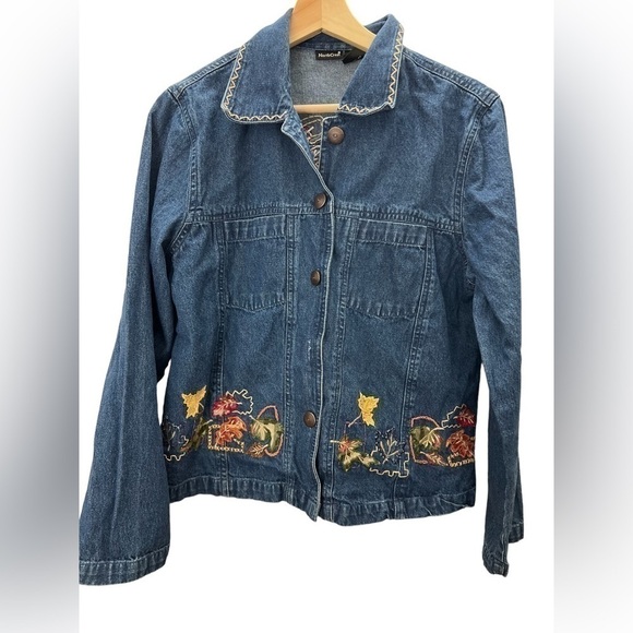 Vintage 90s Fall Leaves Embroidered Jean Jacket Size Medium - Picture 1 of 7